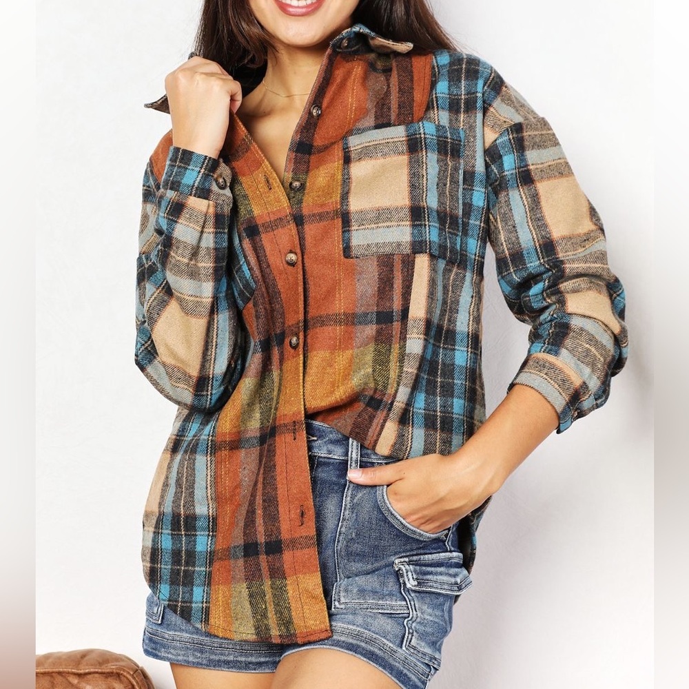 NEW Double Take Fall Plaid Oversized Flannel Shirt Jacket Shacket